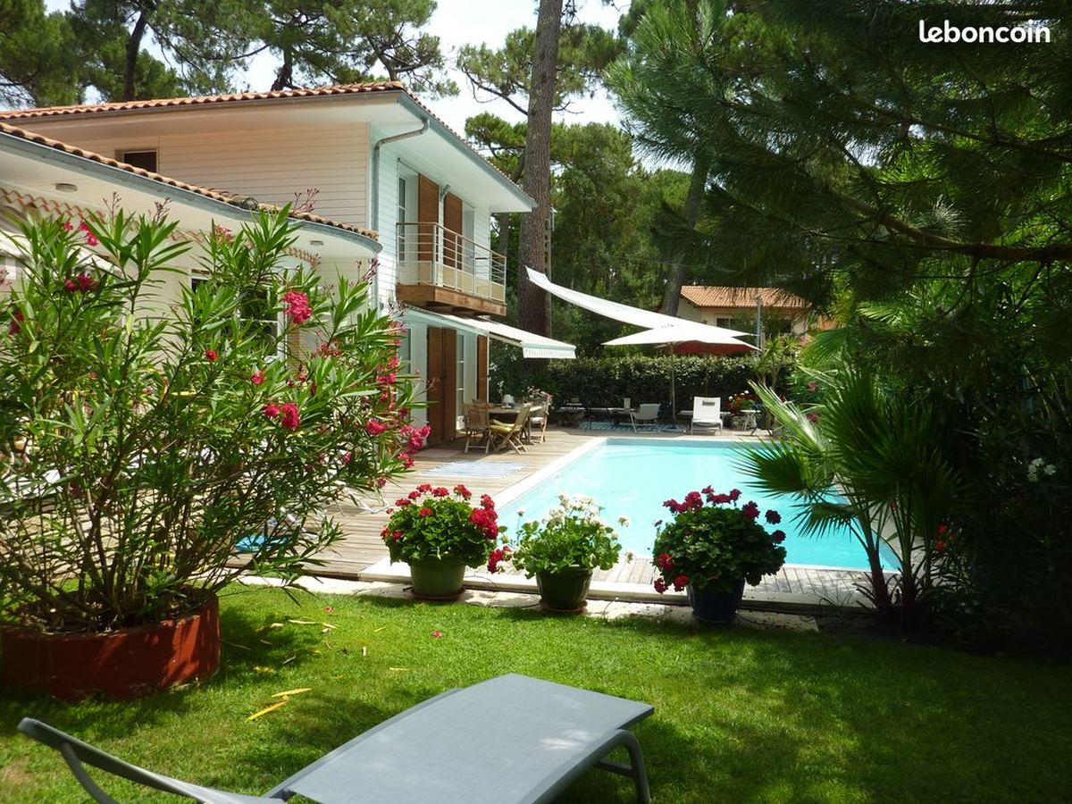 La maison, sa piscine chauffée et le jardin sous les pins